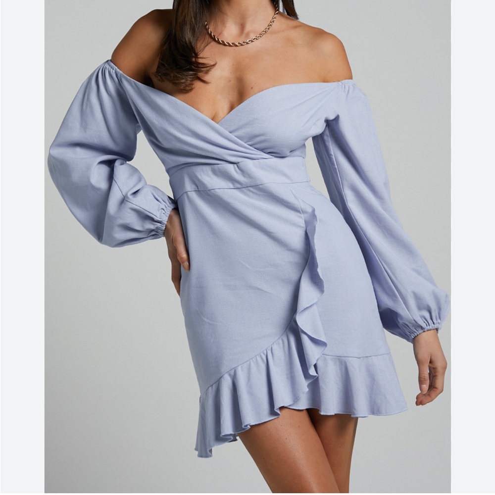 Showpo Womens Linen Blend Off-Shoulder Light Blue Ruffle Dress